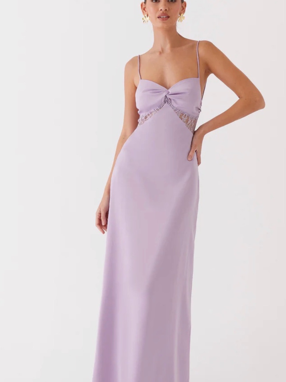 Lilac Spaghetti Strap Maxi Dress with Lace Cutouts
